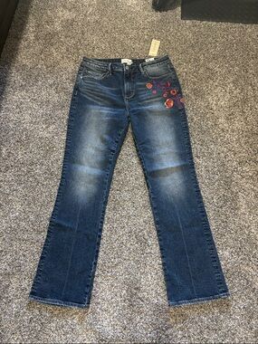 DRIFTWOOD Dark Blue Flare Jeans with Red Floral Embroidery